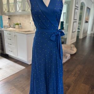 Diane Von Furstenberg Iconic Wrap Maxi Dress- Blue & Green Dot